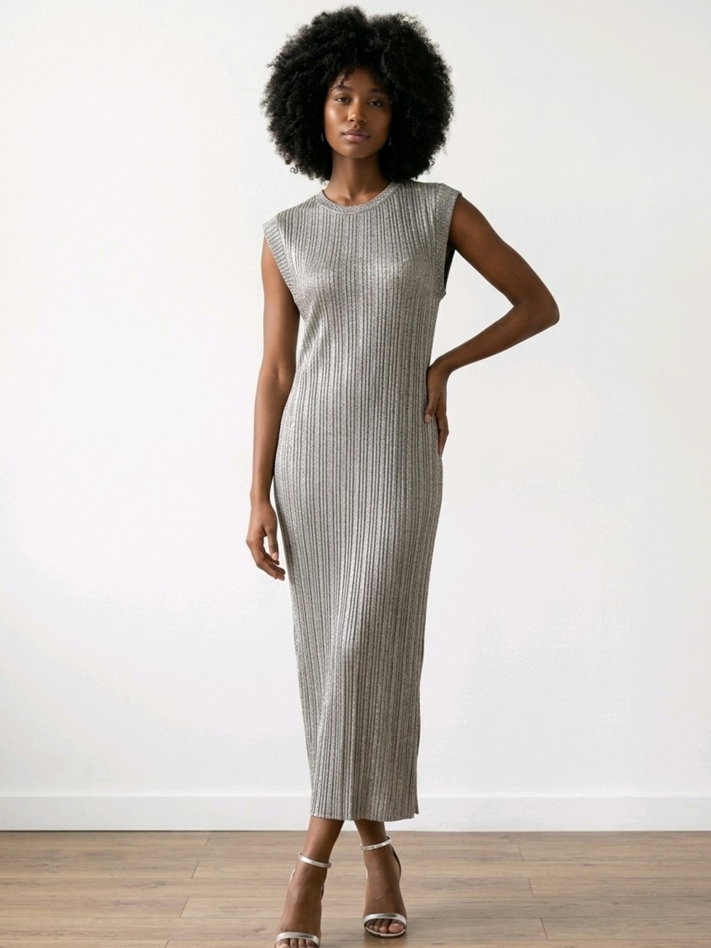 Sleeveless Metallic Anthropologie Ribbed Maxi Dress in Silver - Unbranded